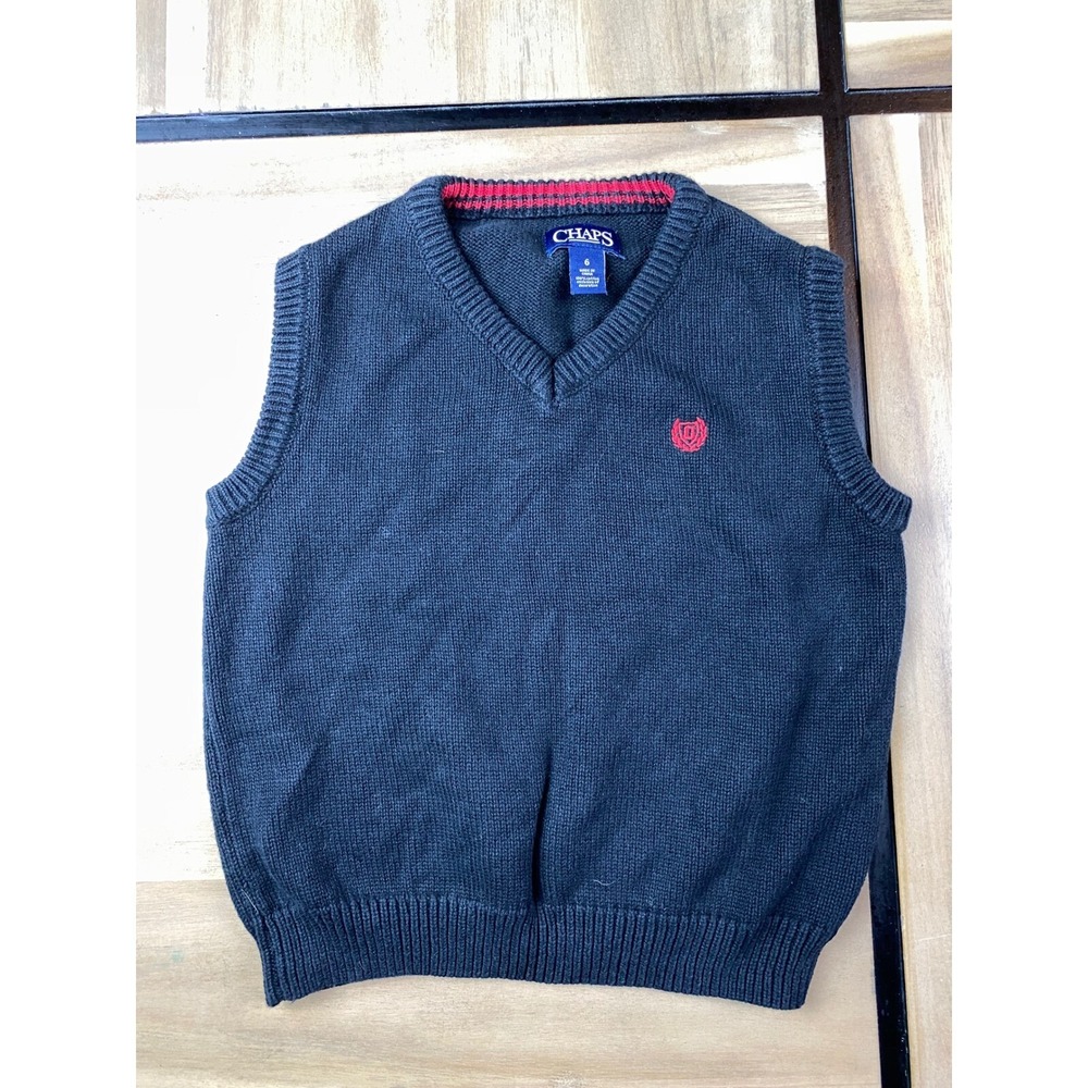 Chaps Sweater Vest‎ V-Neck Sleeveless School Uniform Navy Blue Red Trim Size 6
